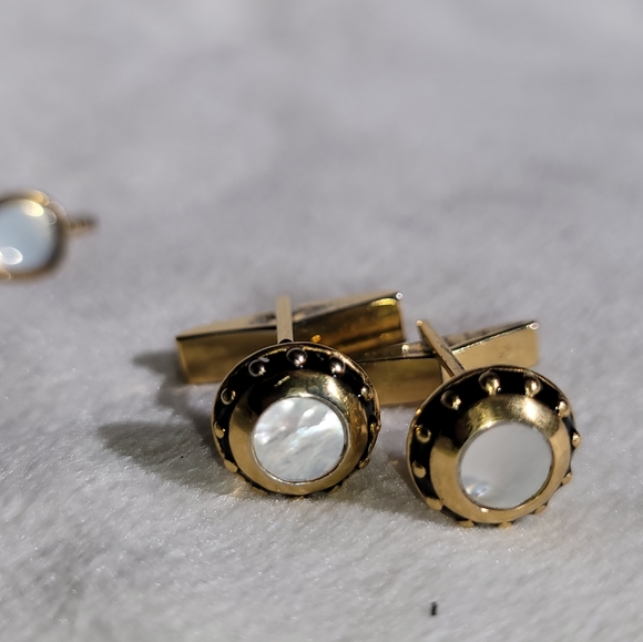 Vintage Art Deco Men’s Button Links Abalone Mother of Pearl Gold Tone - Picture 5 of 8